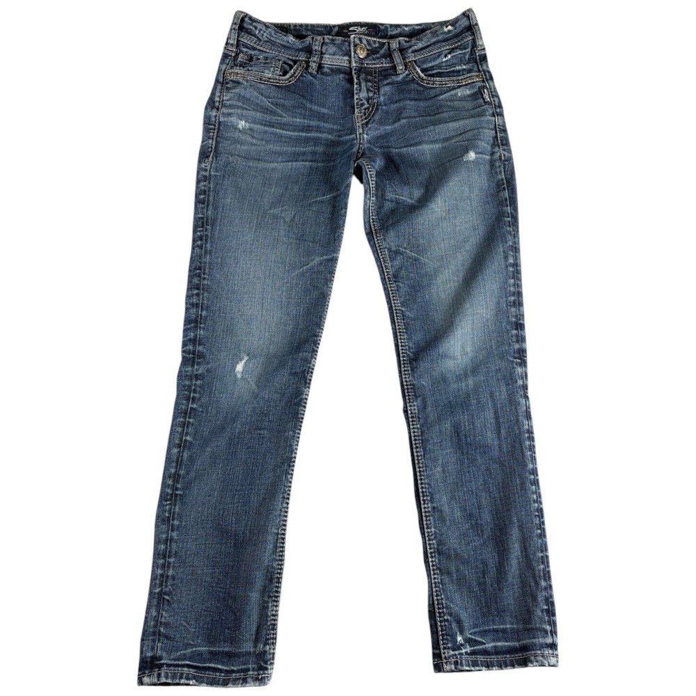 Silver Jeans Suki Ankle Slim Women 29x27 Blue Distressed Midrise Washed Denim